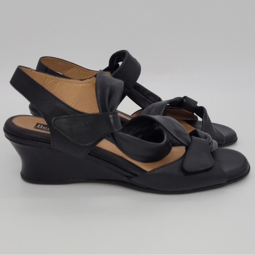 BeautiFeel Tulip Black Leather Strappy Wedge Sandals Size 39 EU (8 US)